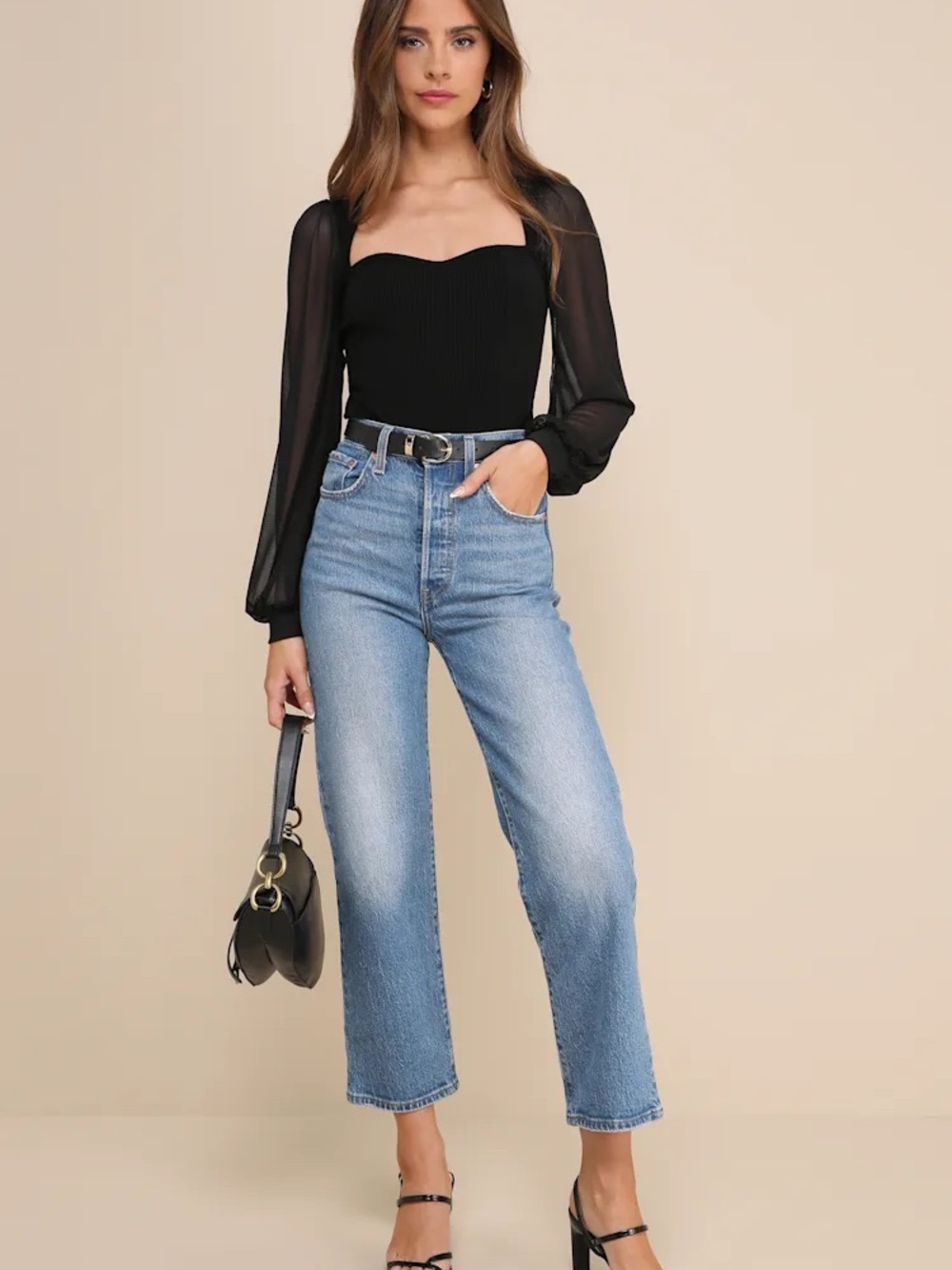 Lulus Black Balloon Sleeve Sweetheart Neck Ribbed bodysuit